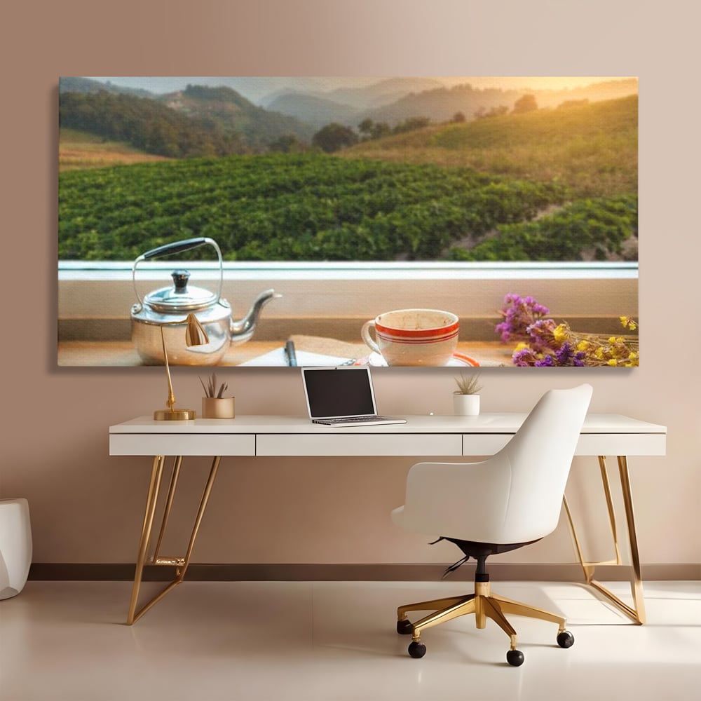 Tablou canvas cu tablou canvas cu peisaj matinal si ceainic pe pervaz, fara rama, pe sasiu de lemn, pe perete intr-un birou